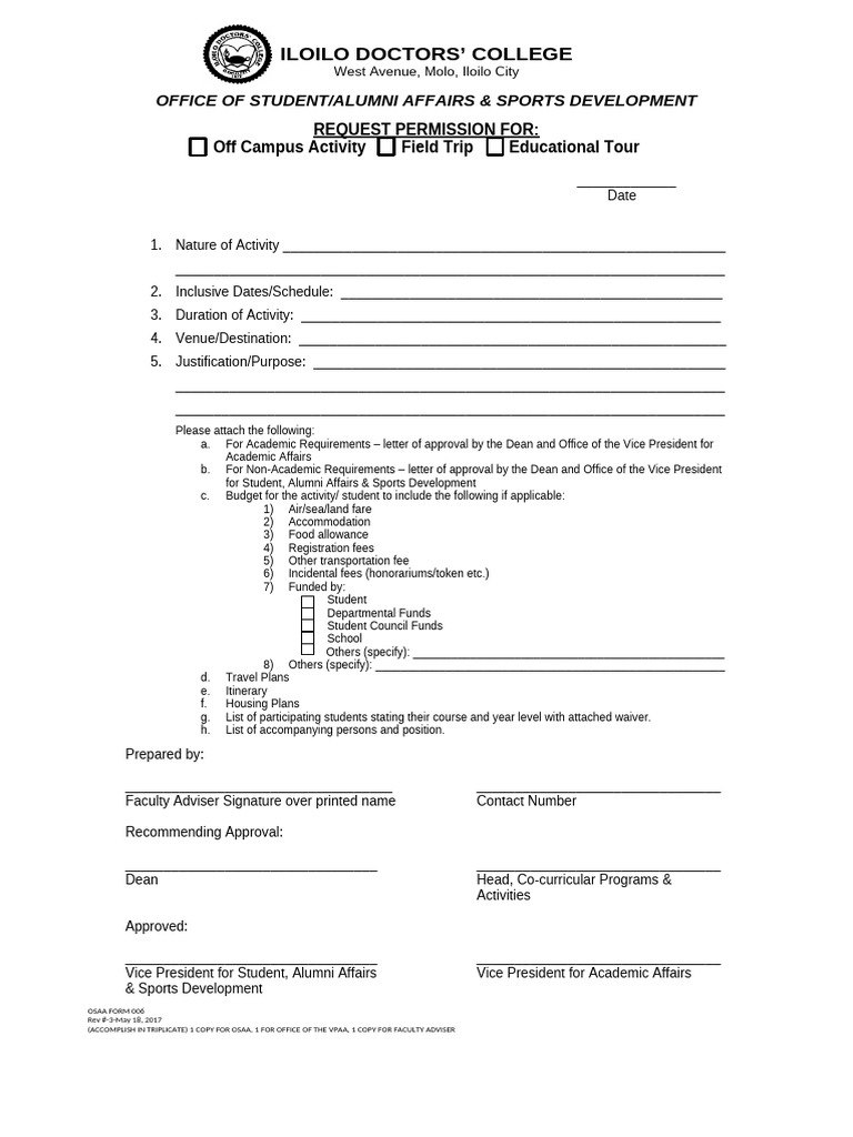 Osaa Form 006 Request Permission For Off Campus Activity | PDF