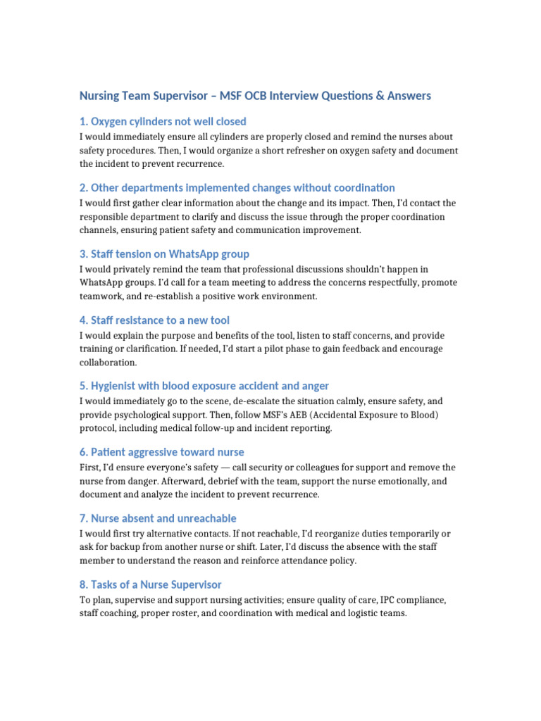 Nursing Team Supervisor MSF OCB Interview Answers | PDF