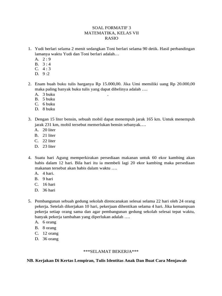 Soal Formatif 3 Rasio 1 | PDF