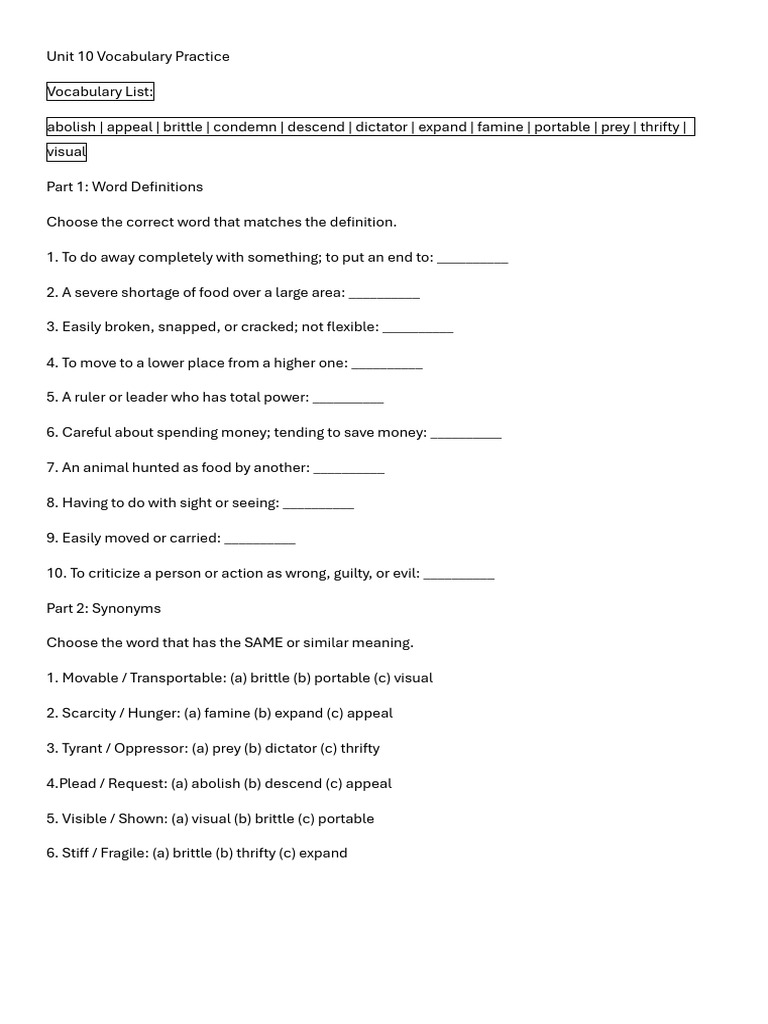 Unit 10 Vocabulary Practice | PDF