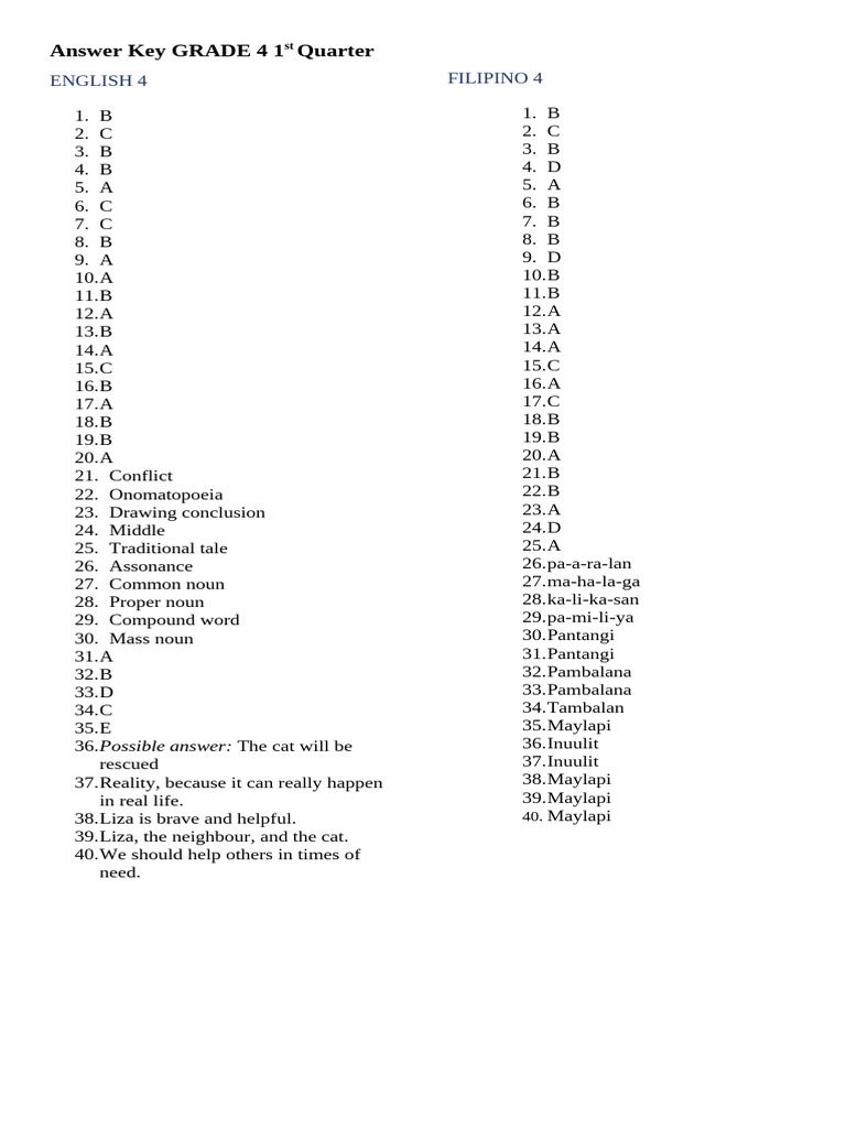 Answer Key GRADE 4 1st Quarter | PDF
