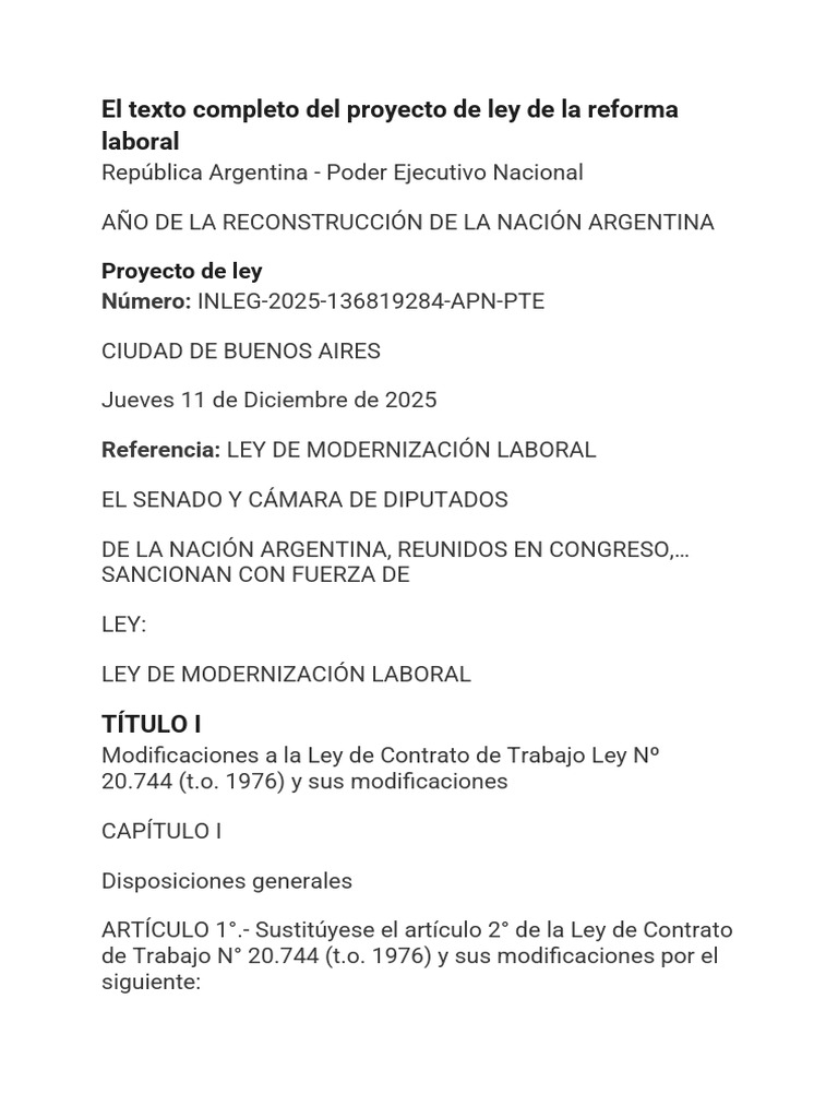 El Texto Completo Del Proyecto de Ley de La Reforma Laboral | PDF
