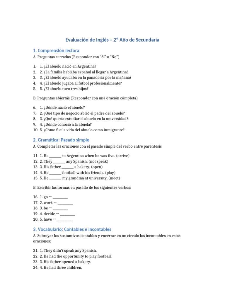 Evaluacion Ingles 2do Año | PDF