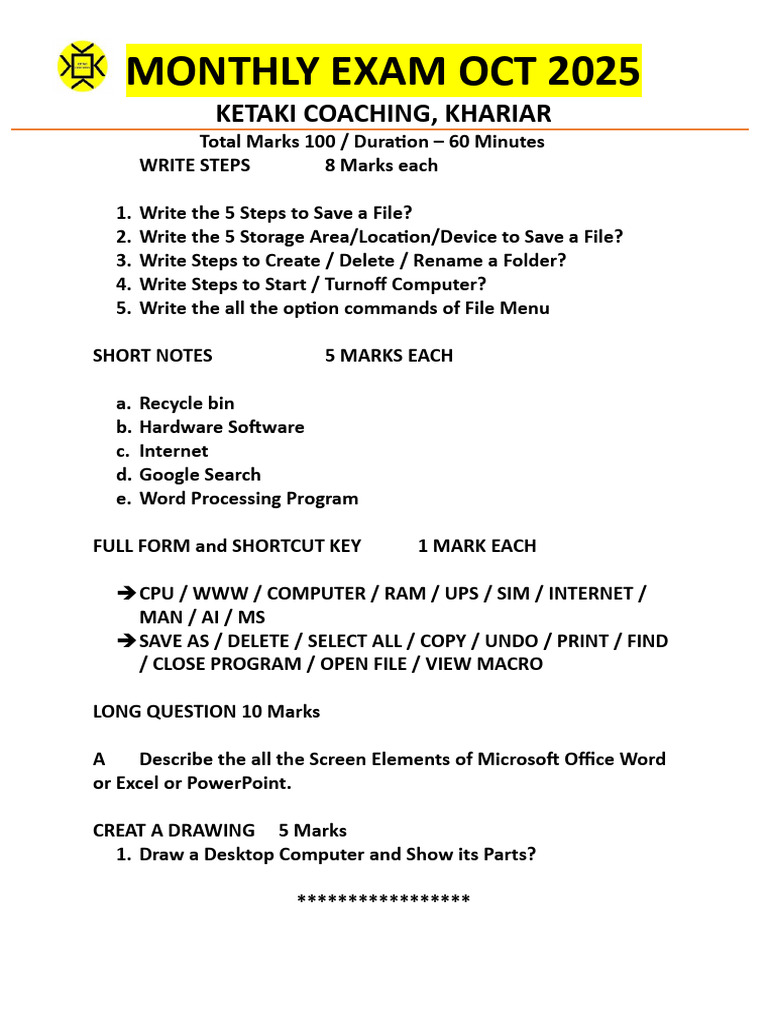 Monthly Test Oct | PDF