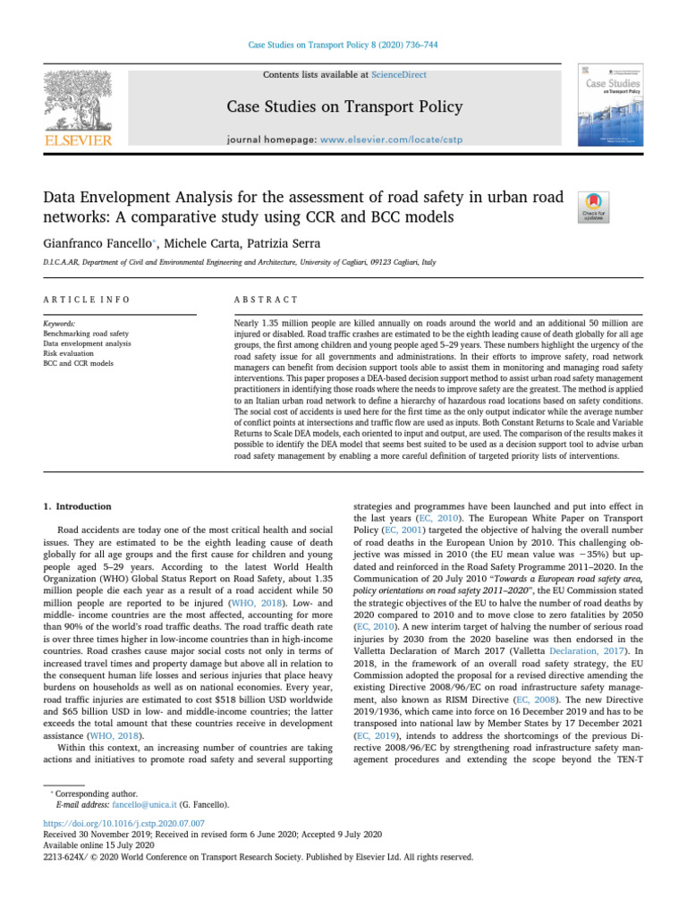 2020 Data Envelopment Analysis For The Assessment of Road Safety in ...