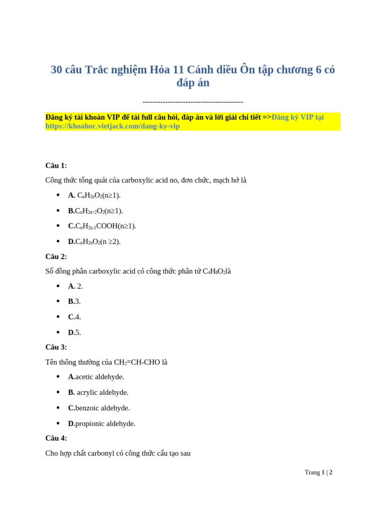 30 Cau Trac Nghiem Hoa 11 Canh Dieu On Tap Chuong 6 Co Dap An 2026-03 ...