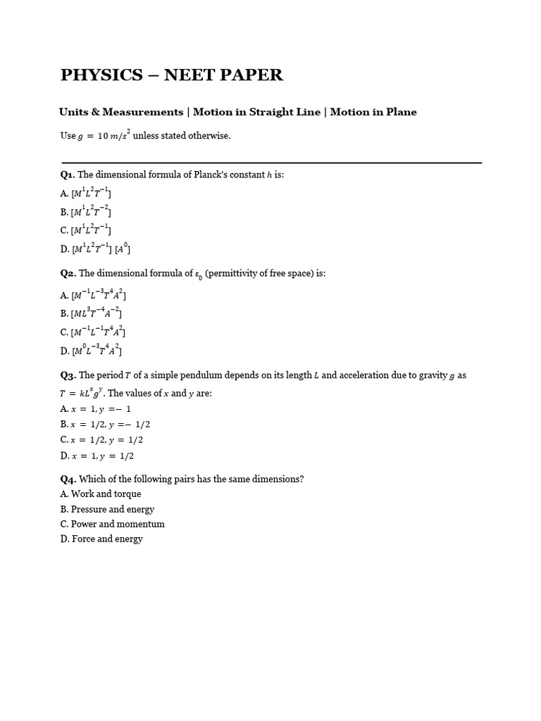 Unit 1 NEET Physics Paper | PDF | Acceleration | Velocity