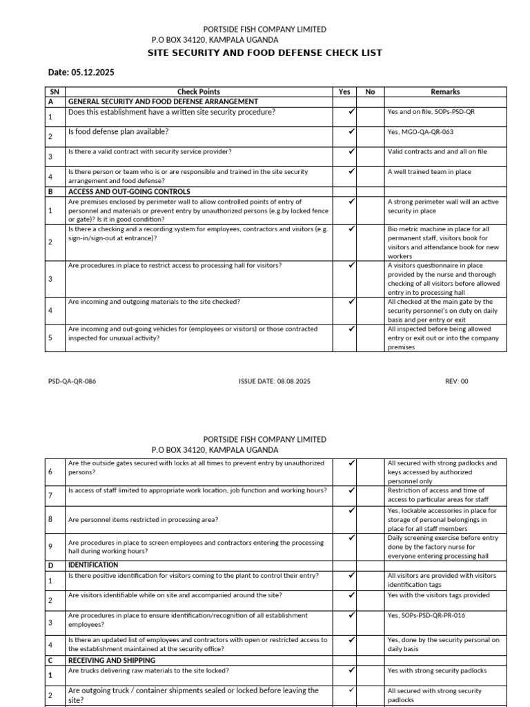 Site Security and Food Defence Checklist 2024 | PDF