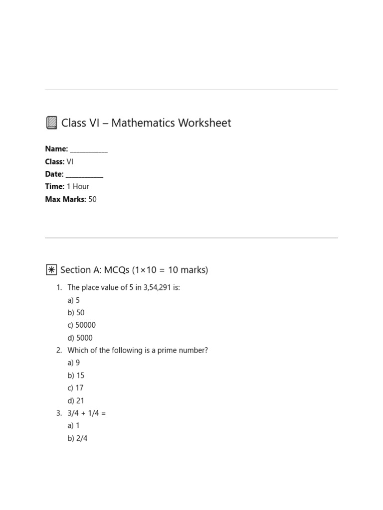 Class Vi Maths Worksheet | PDF | Length | Area