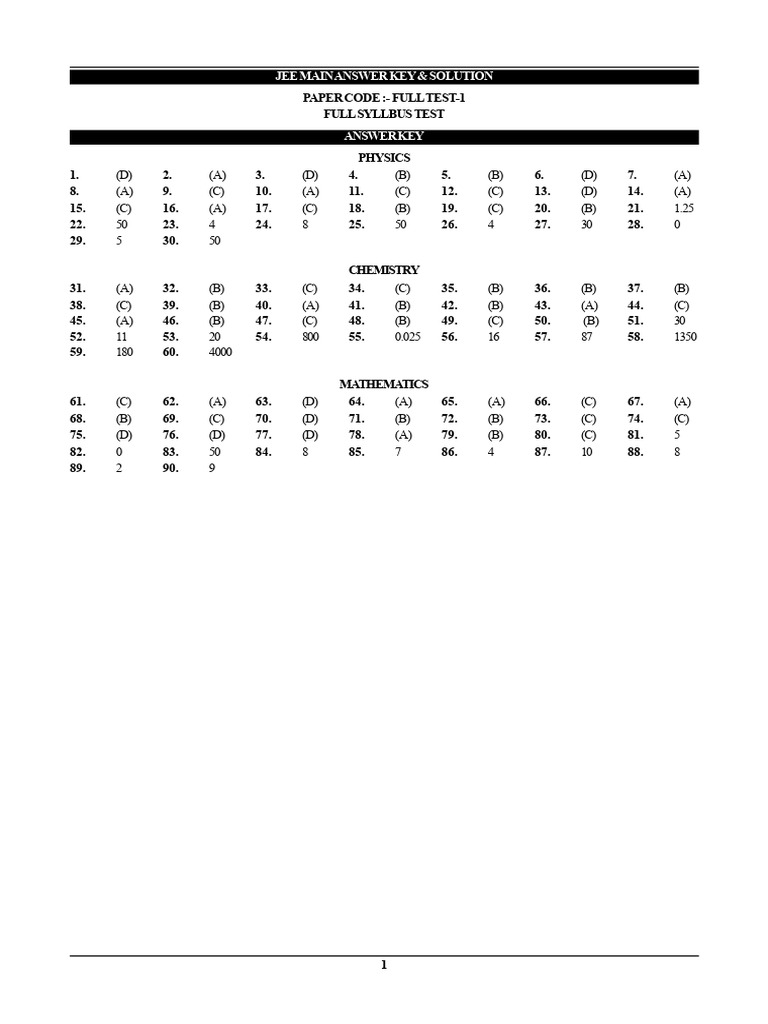 Full Test-1 (Jee Main) Solution | PDF | Electron Configuration | Molecules