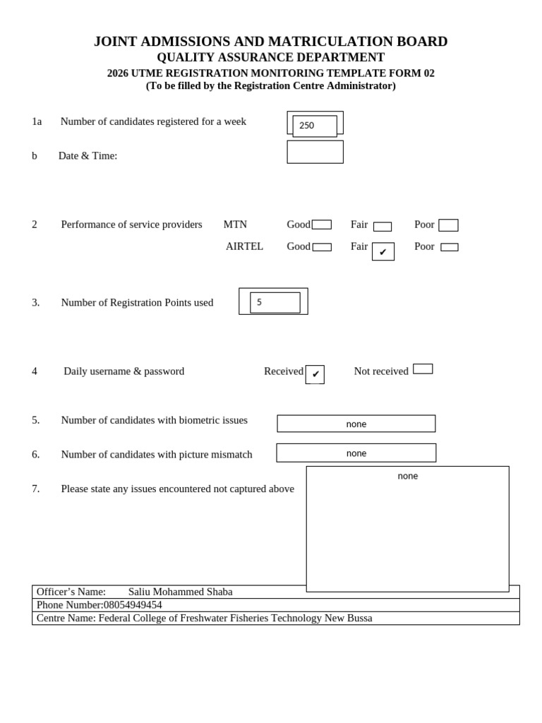 Form 02 - 2026 Utme Reg Mon Template | PDF