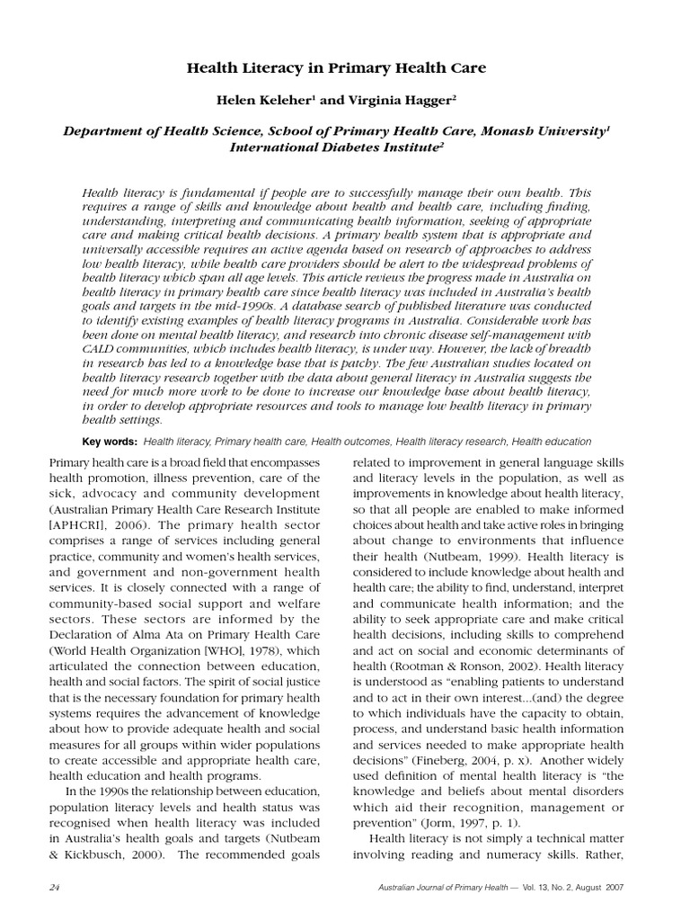 Health Literacy in Primary Health Care | PDF | Literacy | Health Care