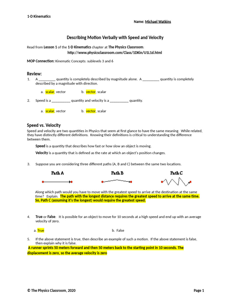 1D Kinematics Speed, Velocity & Acceleration | PDF