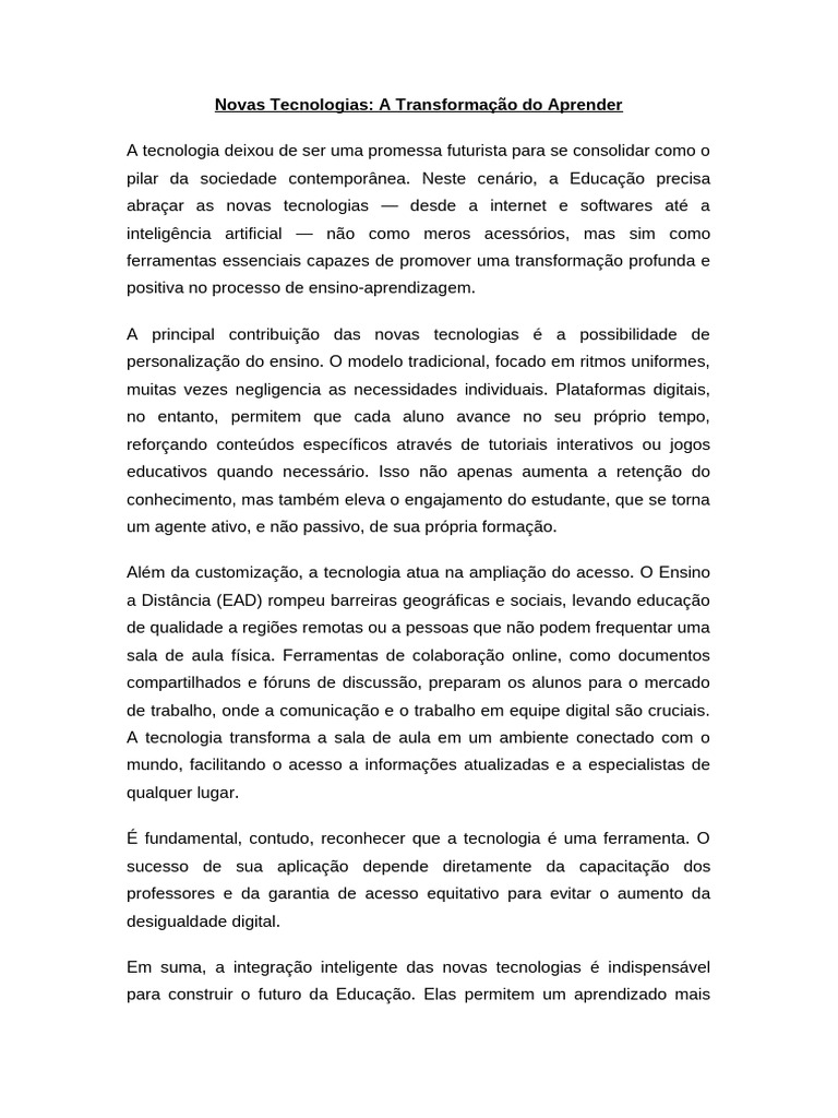 Redação Novas Tecnologias e o Seu Uso Na Educação | PDF