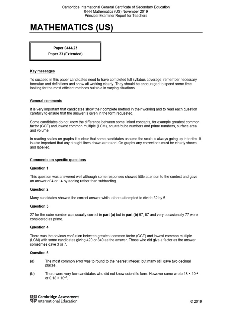 Mathematics (Us) : Paper 0444/23 Paper 23 (Extended) | PDF