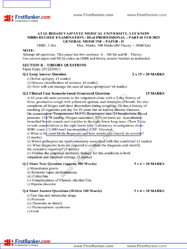 FR Abvmu Mbbs Final Year 2025 February General Medicine Paper II Theory ...