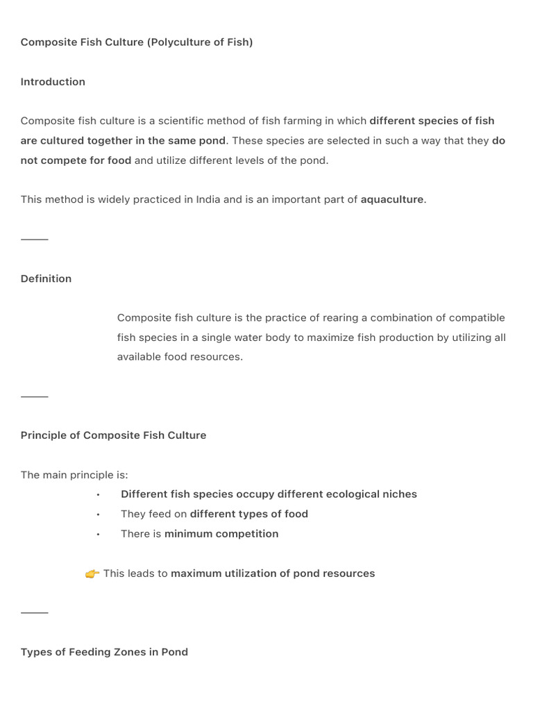 Composite Fish Culture (Polyculture of Fish) | PDF | Fish | Fish And Humans
