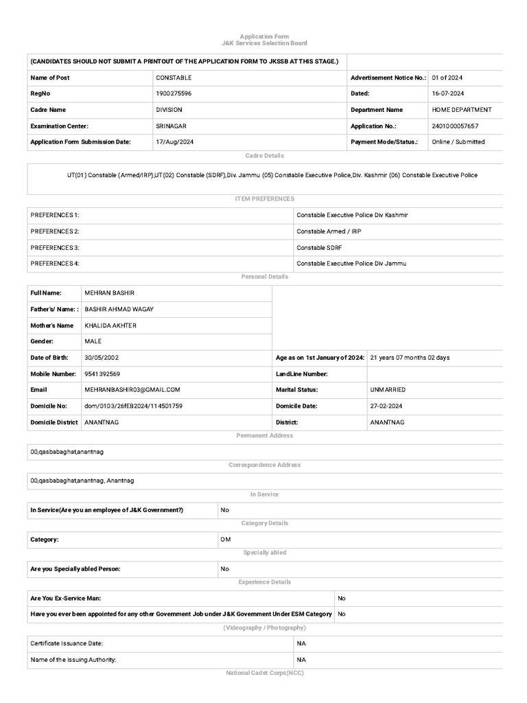 Constable Application Form | PDF