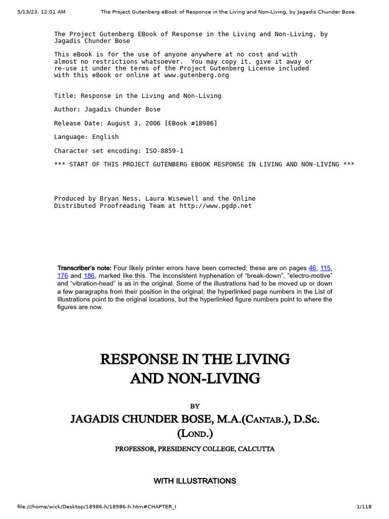 Response in The Living and Non-Living, by Jagadis Chunder Bose | PDF