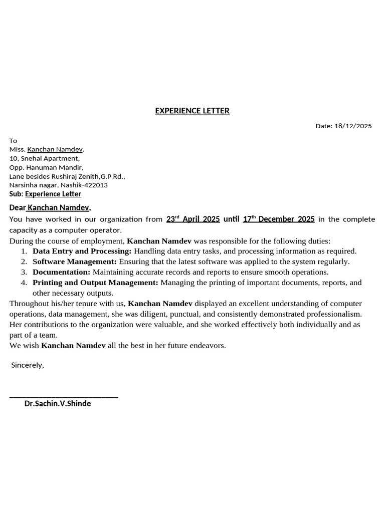 Experience Letter 1 | PDF