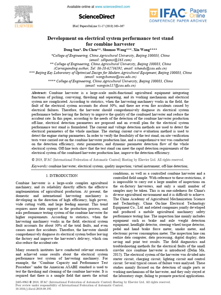 Development - On - Electrical System Performance CombineHarvester ...