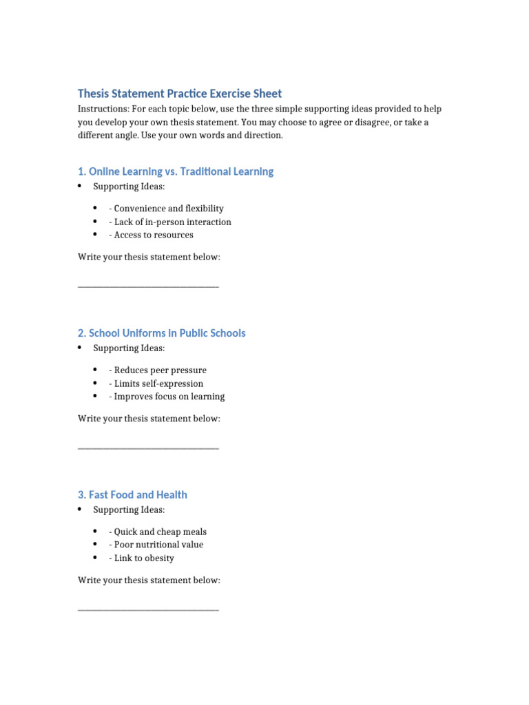 Thesis Statement Practice Sheet | PDF
