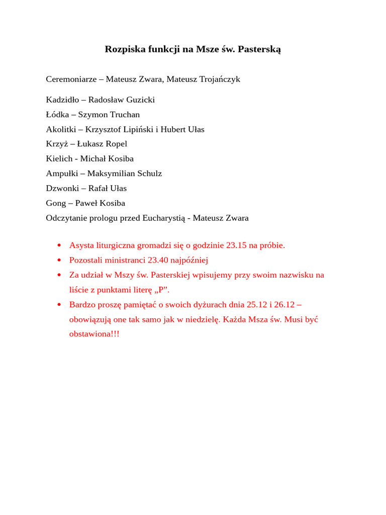 Rozpiska Funkcji Na Msze ŚW | PDF