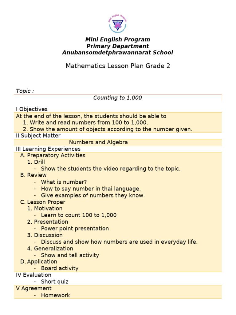 Grade 2 Lesson Planunit 1 | PDF