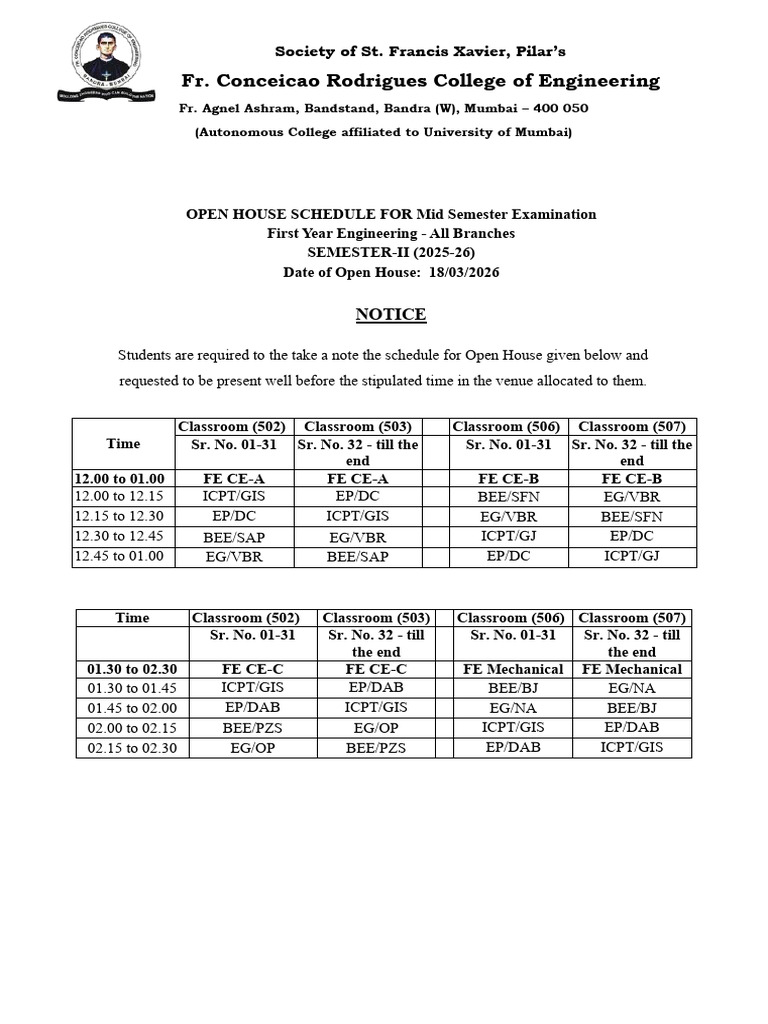 FE SEM-II Updated Open House Schedule (18 March 2026) | PDF