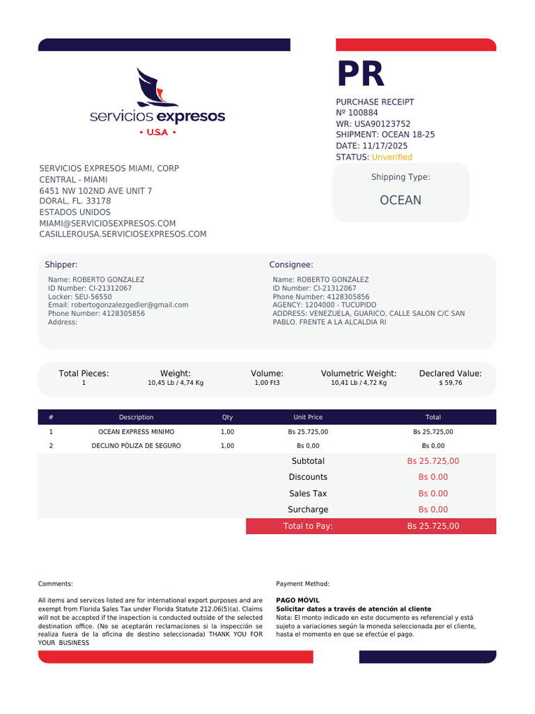 Purchase Receipt 100884 | PDF