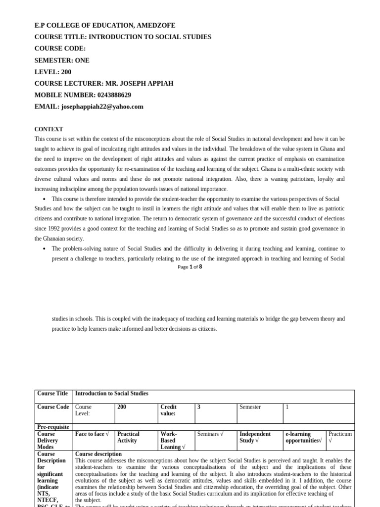 Course Outline Introduction To Social Studies | PDF | Learning ...