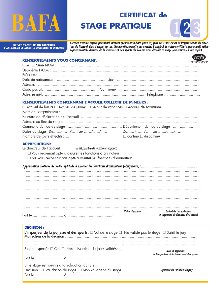 Certificats BAFA BAFD 1 Formulaire Vierge | PDF