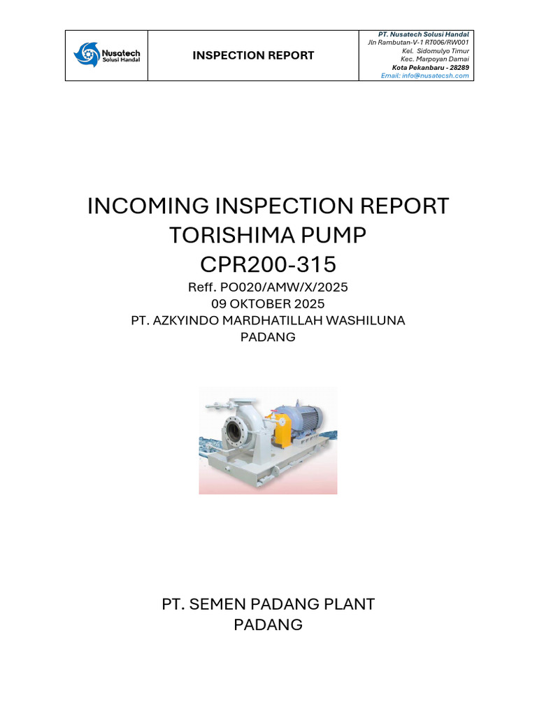 Incoming Inspection Report Torishima Pump CPR200-315 Semen Padang | PDF ...