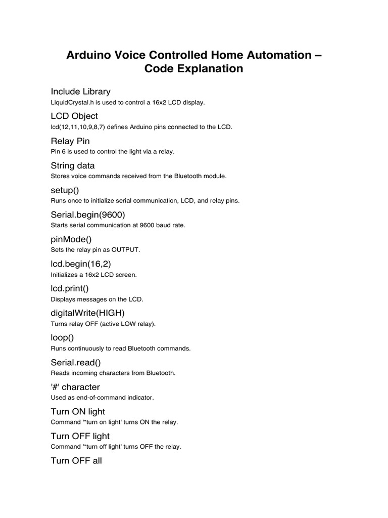 Arduino Voice Control Code Full Explanation | PDF