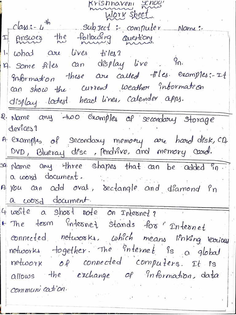 4th Class Computer SA3 Work Sheet | PDF