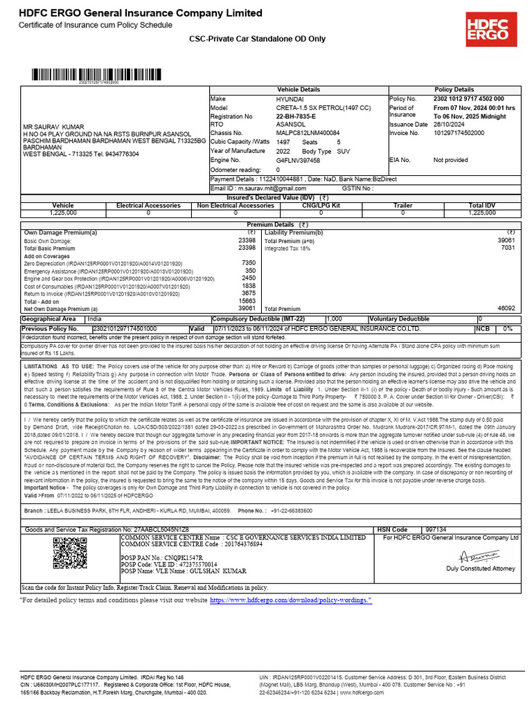 CSC-Private Car Standalone OD Only: Certificate of Insurance Cum Policy ...