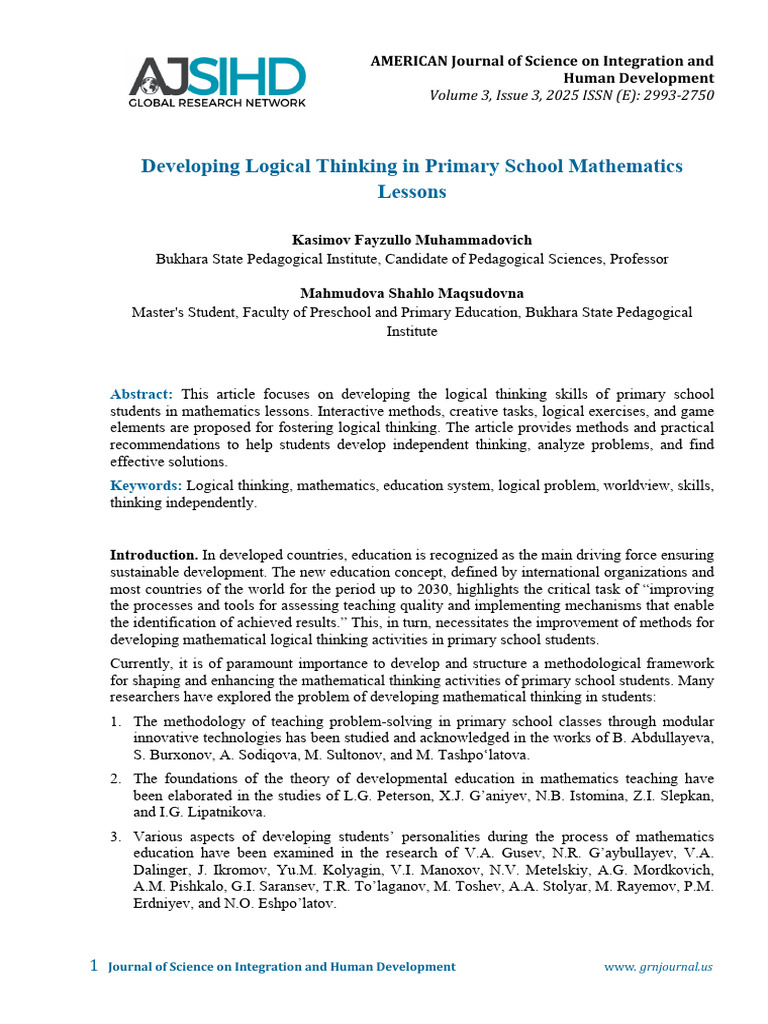 Developing Logical Thinking in Primary School Mathematics Lessons | PDF