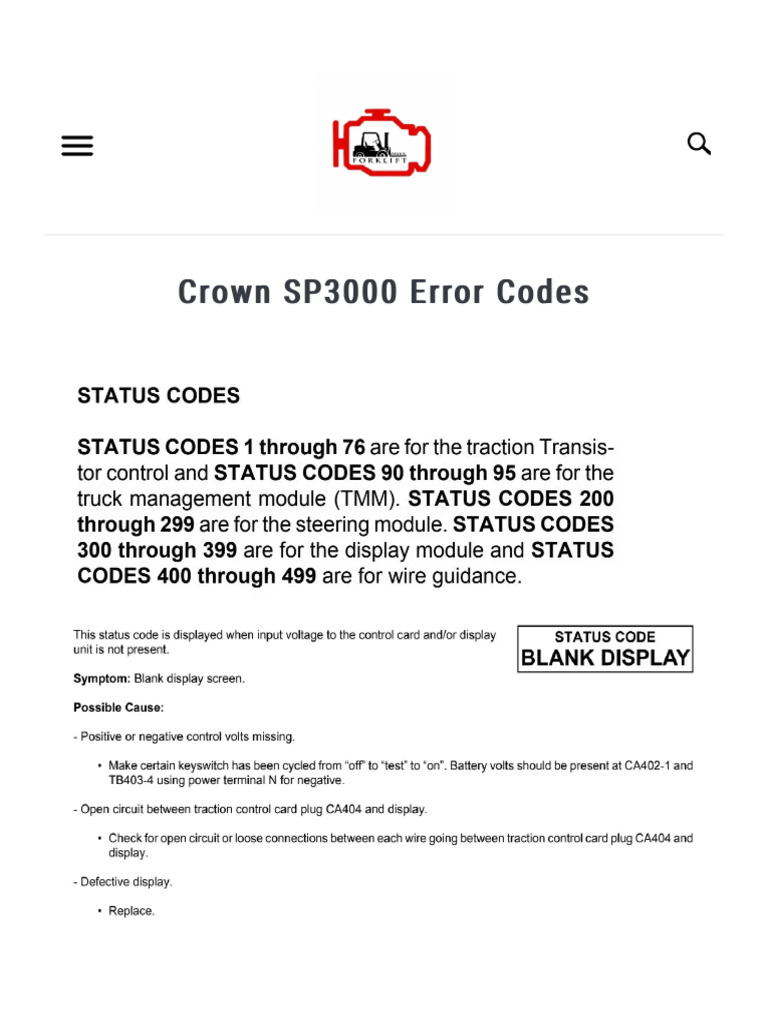 Crown SP3000 Error Codes - Forklift Repair Fundamentals | PDF