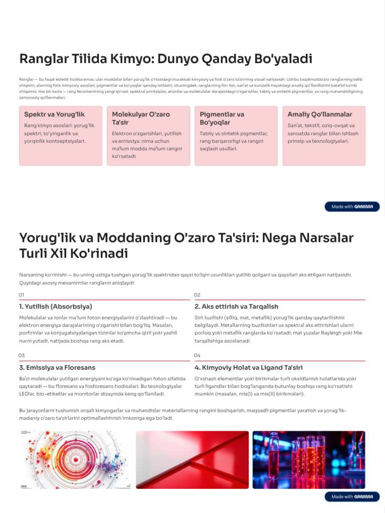 Ranglar Tilida Kimyo Dunyo Qanday Boyaladi | PDF