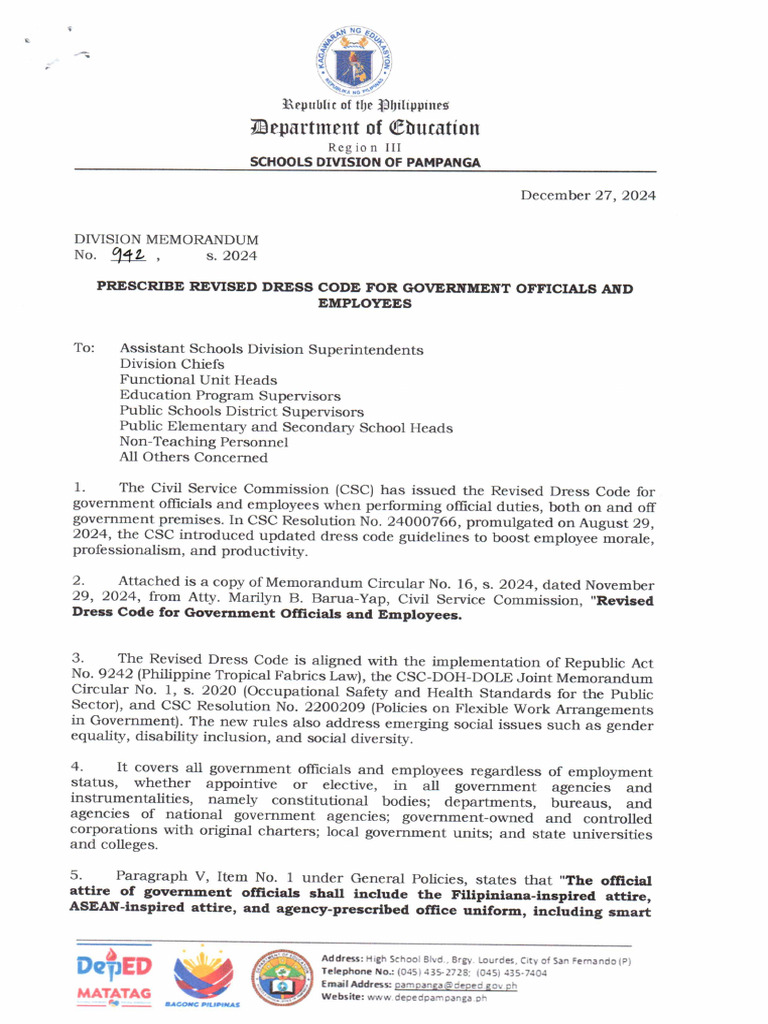Division Memorandum No. 942 S. 2024 Prescribe Revised Dress Code For ...