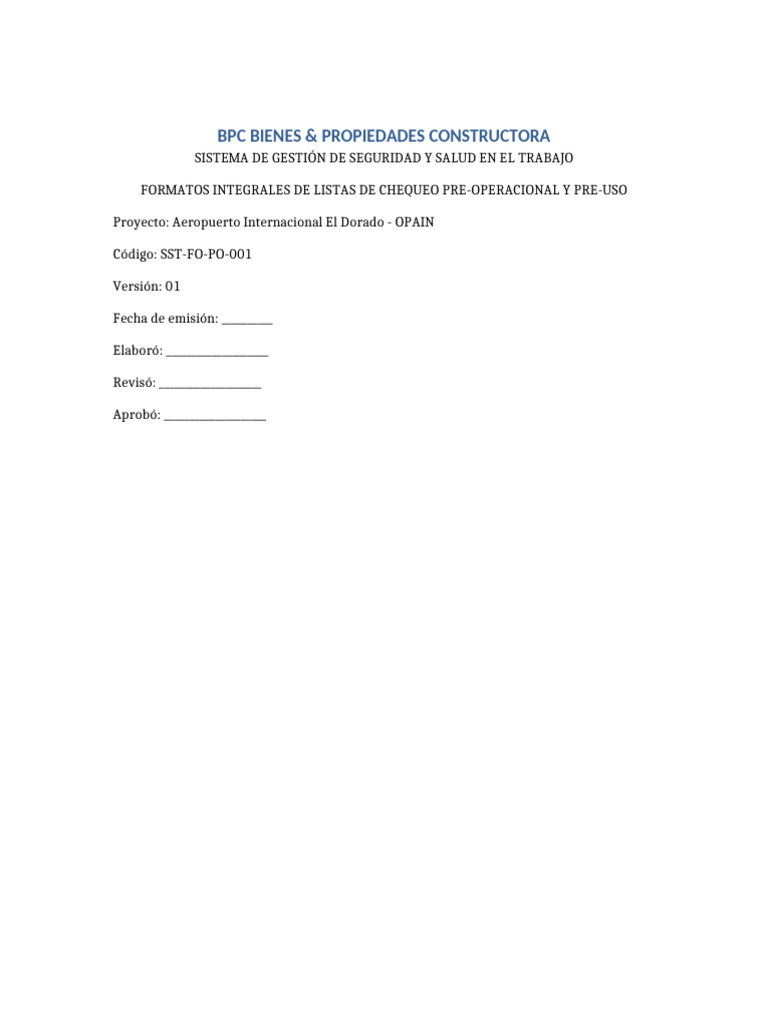 Formato Ultra Completo Preoperacional Opain BPC | PDF