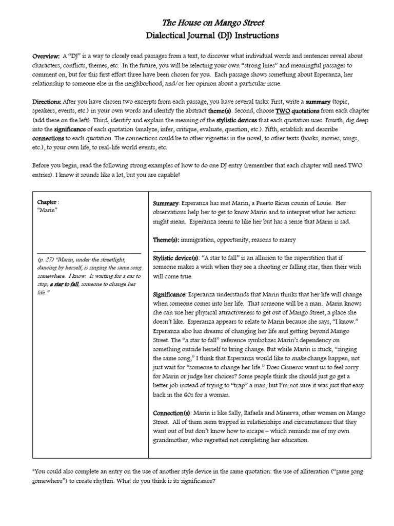 Dialectical Journal Instructions 2022 Mango Street | PDF