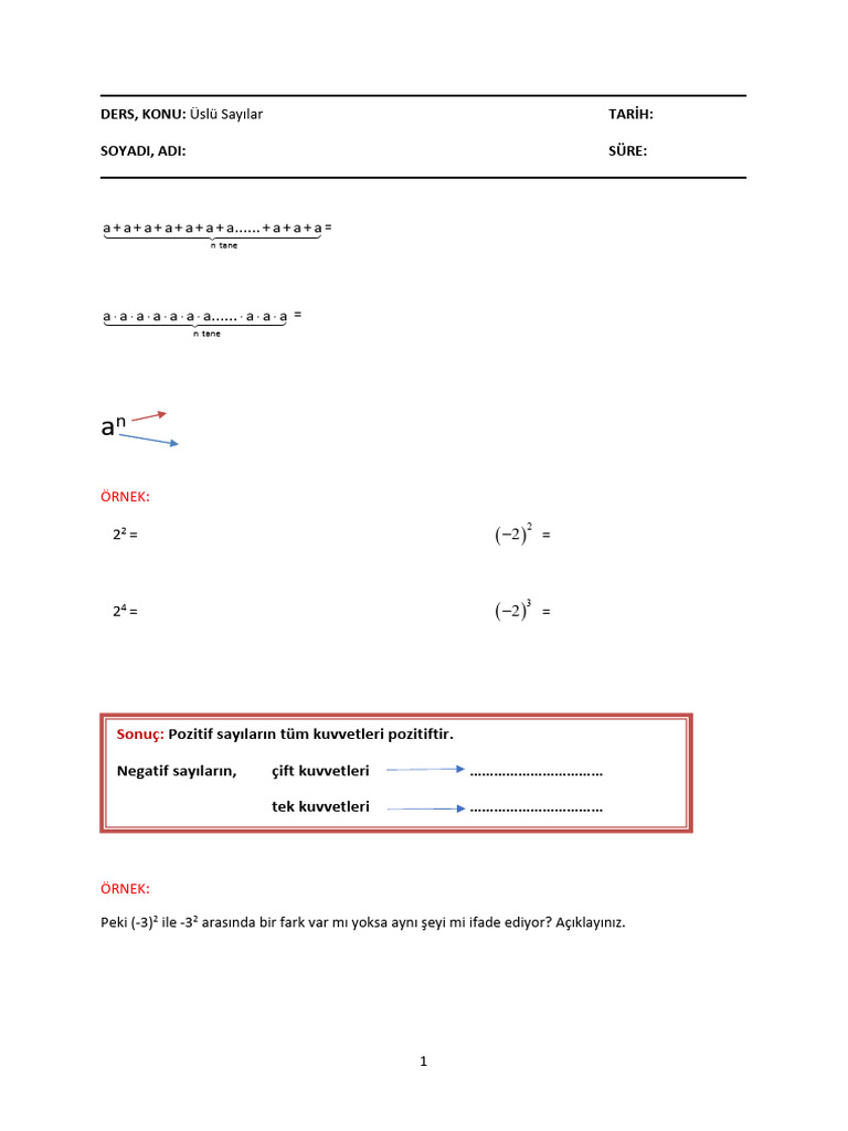 Math 091 Ws (Üslü Sayılar) | PDF