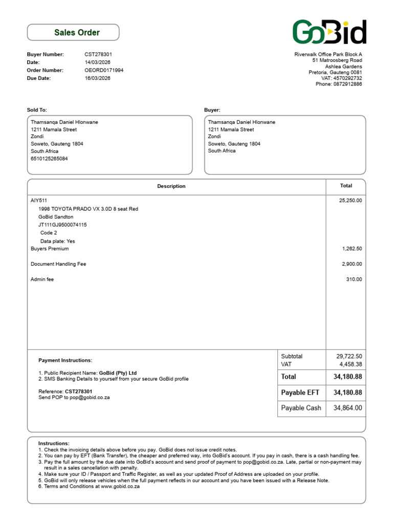 GoBid Sales Order - OEORD0171994 | PDF