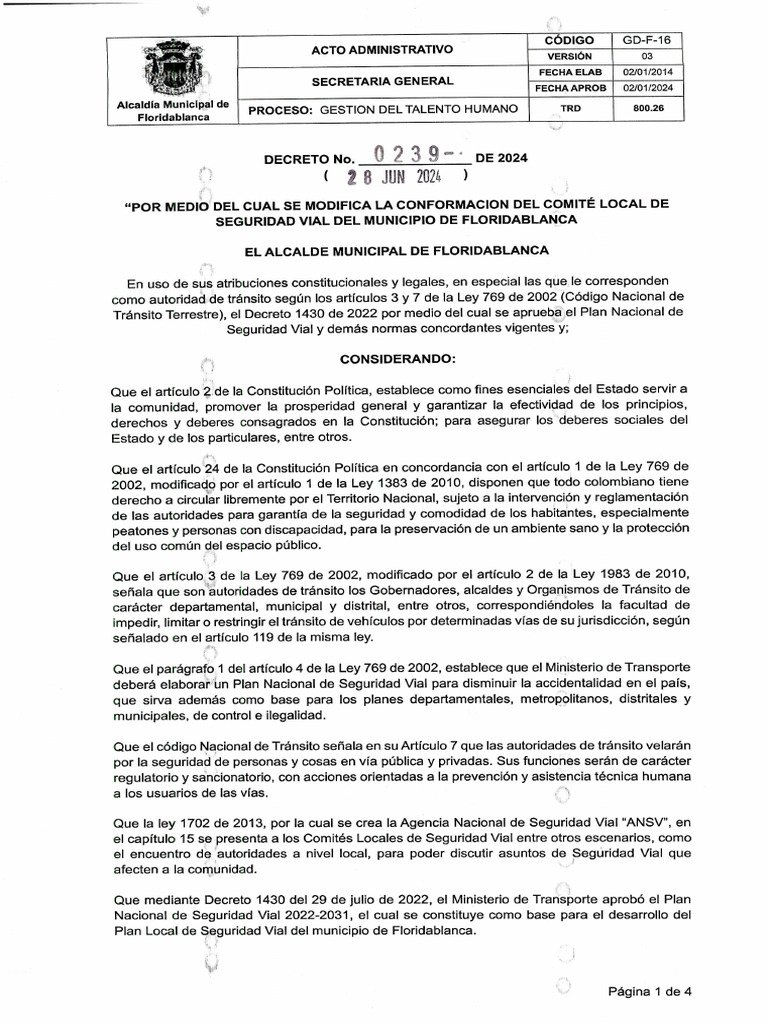 Decreto No 0239 de 2024 Por Medio Del Cual Se Modifica La Conformación ...