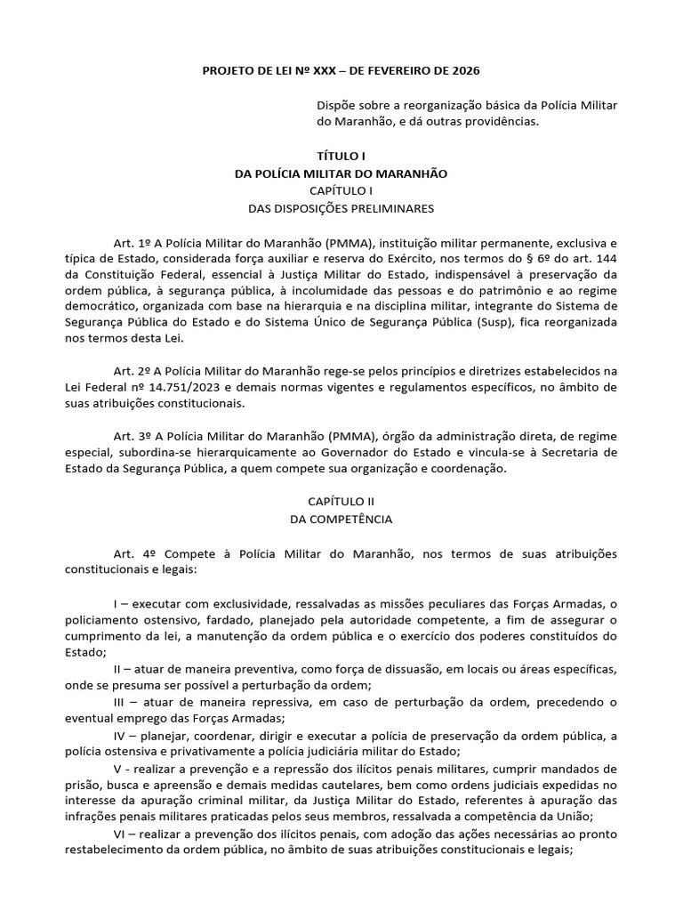 Projeto Lei de Organização Da Pmma 2026 Sead | PDF