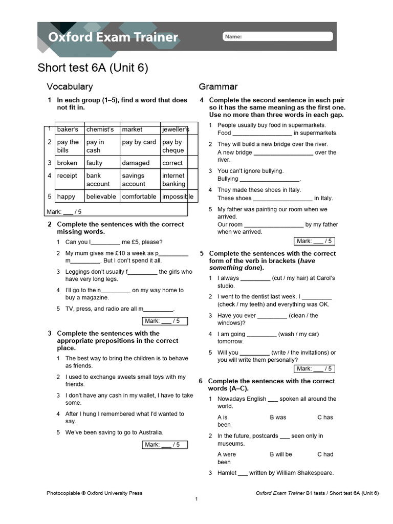 OET B1 Short Test Unit 6 A B | PDF