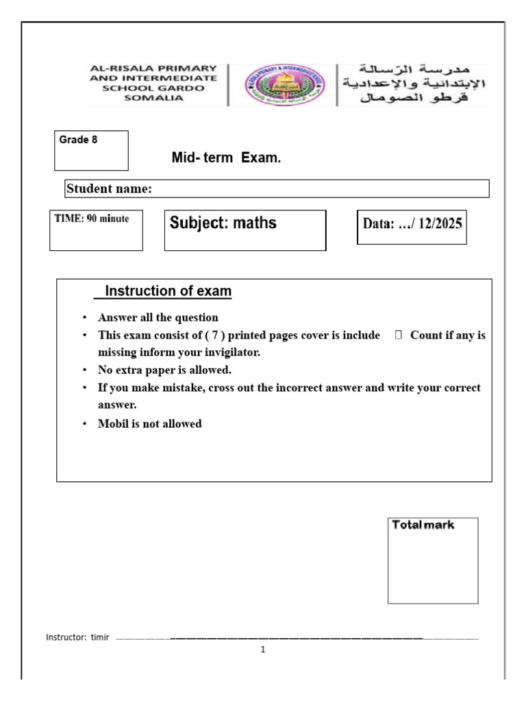 Mid Term Maths 8............... | PDF