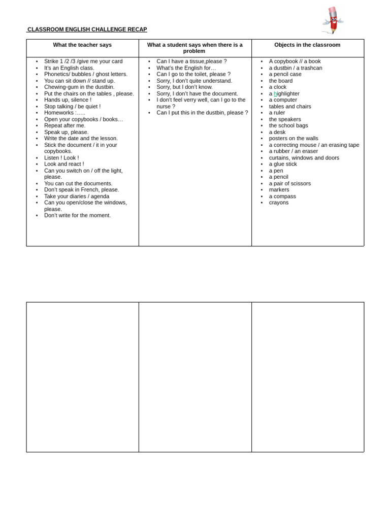 Classroom English Recap VOC 1 2023 4 | PDF