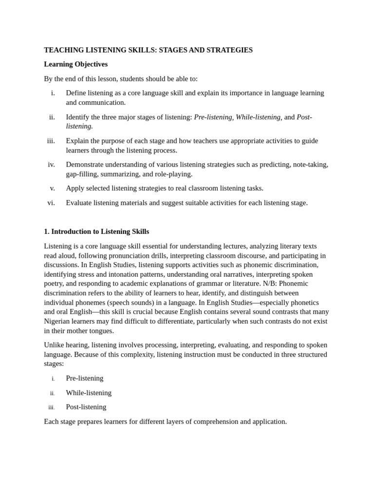 Teaching Listening Skills - Stages and Strategies | PDF